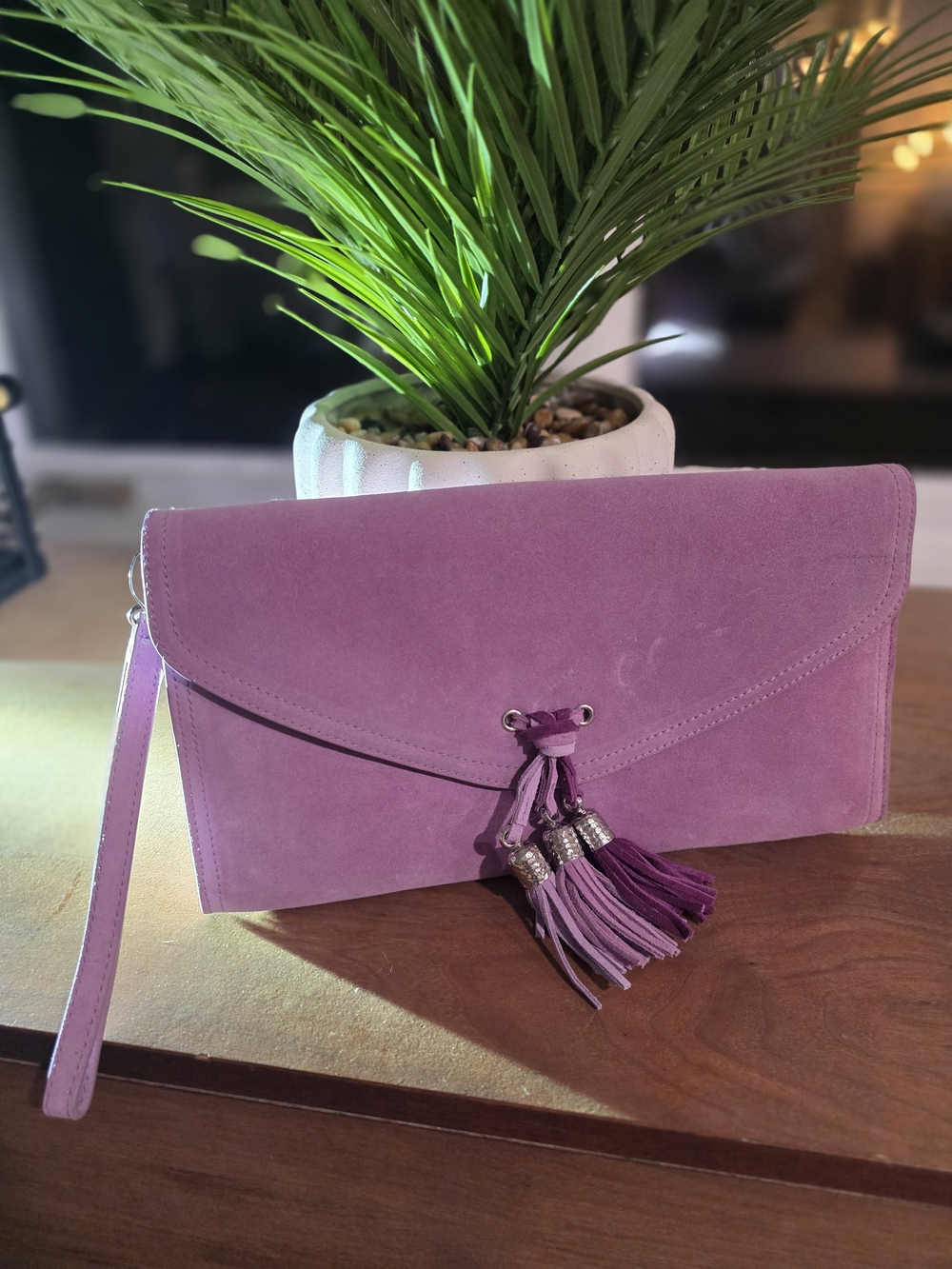 NWT Suede Tassel Clutch Wristlet in Lavender
